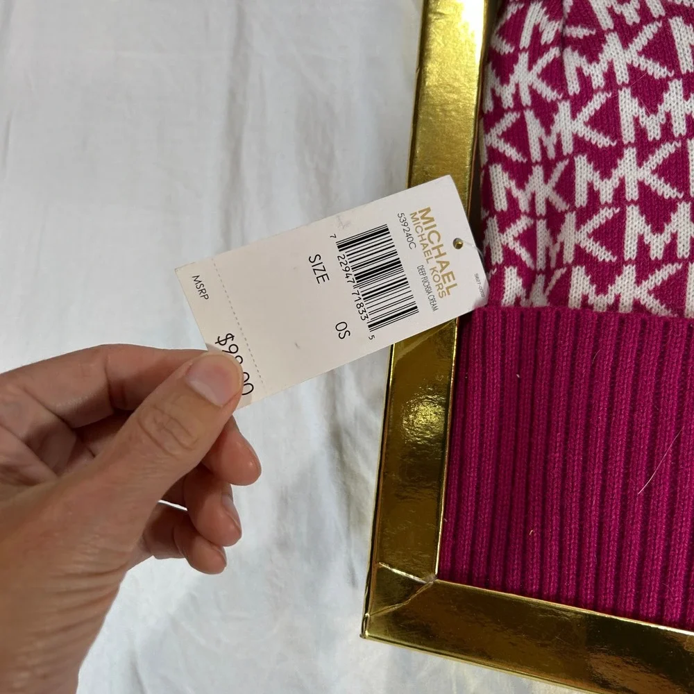 Michael Kors Hat Scarf and Gloves Set Deep Fuchsia Cream MK Monogram 539240C NEW